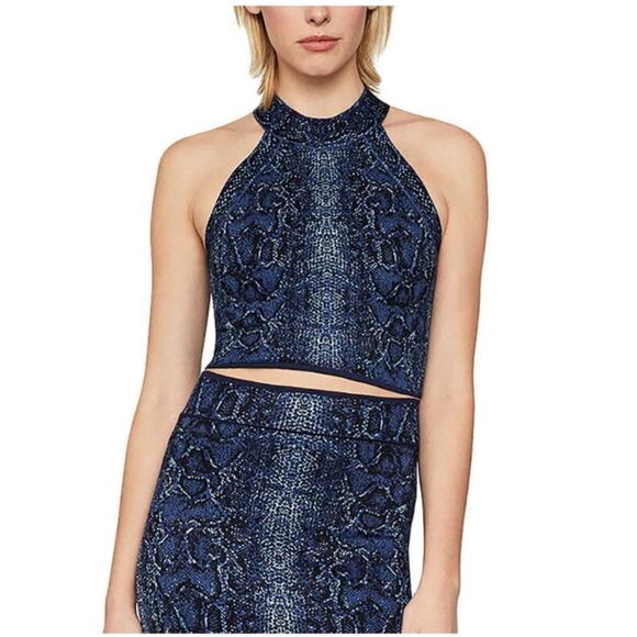BCBG Maxazria Halter Neck Crop Top XL Blue Black Snakeskin Print Y2K Aesthetic - Picture 1 of 6